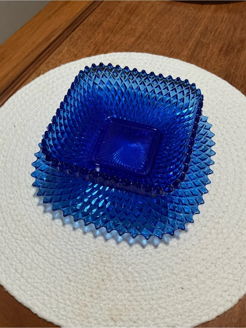 Cobalt Blue Diamond-Pattern Glass Bowl and Tray Set